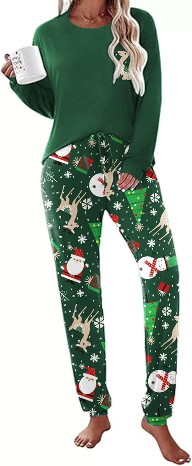 imageEkouaer Womens Pajamas Set Long Sleeve Christmas PJ Sets Soft Lounge Set for Women Sleepwear Joggers with PocketsGreen