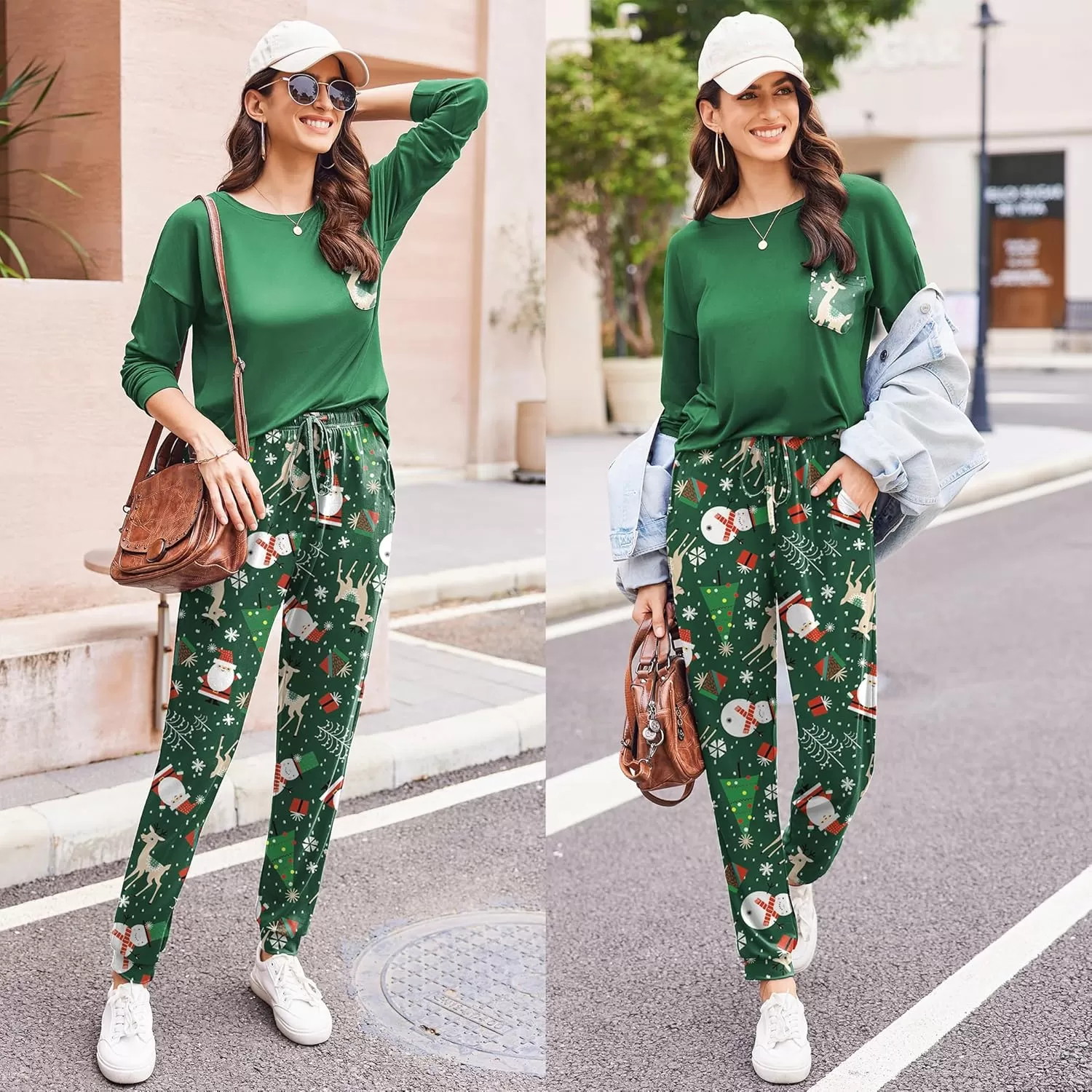 imageEkouaer Womens Pajamas Set Long Sleeve Christmas PJ Sets Soft Lounge Set for Women Sleepwear Joggers with PocketsGreen