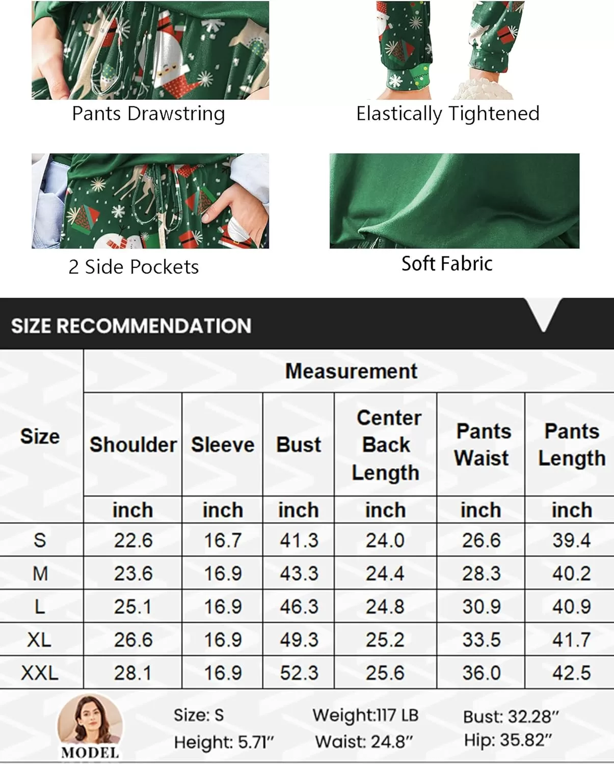 imageEkouaer Womens Pajamas Set Long Sleeve Christmas PJ Sets Soft Lounge Set for Women Sleepwear Joggers with PocketsGreen