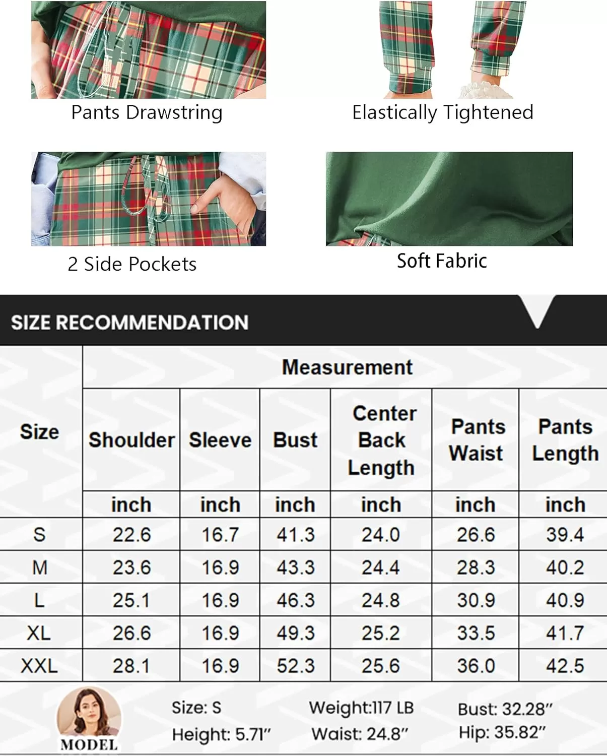 imageEkouaer Womens Pajamas Set Long Sleeve Christmas PJ Sets Soft Lounge Set for Women Sleepwear Joggers with PocketsGreen Plaid