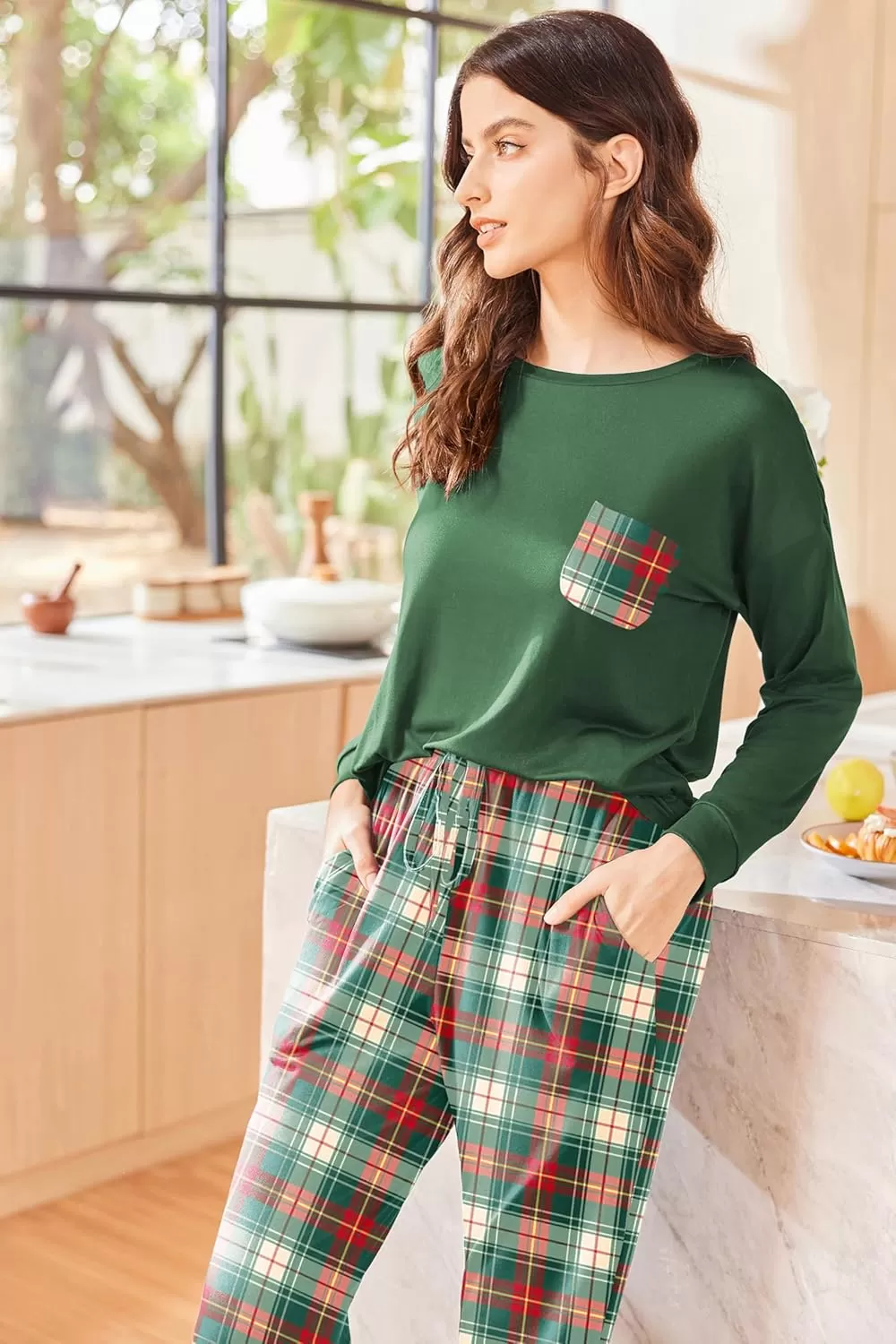 imageEkouaer Womens Pajamas Set Long Sleeve Christmas PJ Sets Soft Lounge Set for Women Sleepwear Joggers with PocketsGreen Plaid