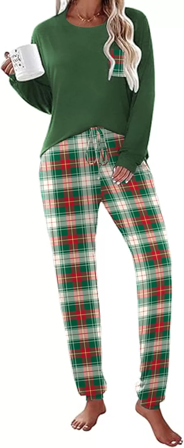 imageEkouaer Womens Pajamas Set Long Sleeve Christmas PJ Sets Soft Lounge Set for Women Sleepwear Joggers with PocketsGreen Plaid