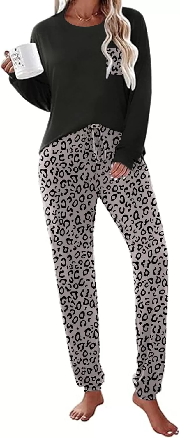 imageEkouaer Womens Pajamas Set Long Sleeve Christmas PJ Sets Soft Lounge Set for Women Sleepwear Joggers with PocketsLeopard