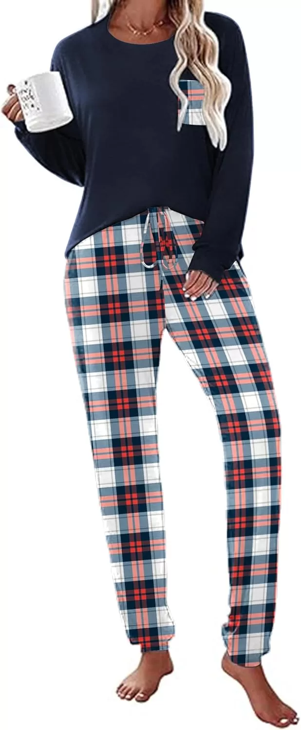 imageEkouaer Womens Pajamas Set Long Sleeve Christmas PJ Sets Soft Lounge Set for Women Sleepwear Joggers with PocketsNavy Plaid