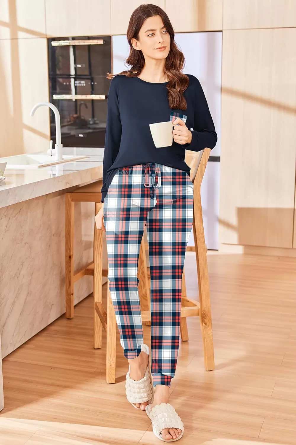 imageEkouaer Womens Pajamas Set Long Sleeve Christmas PJ Sets Soft Lounge Set for Women Sleepwear Joggers with PocketsNavy Plaid