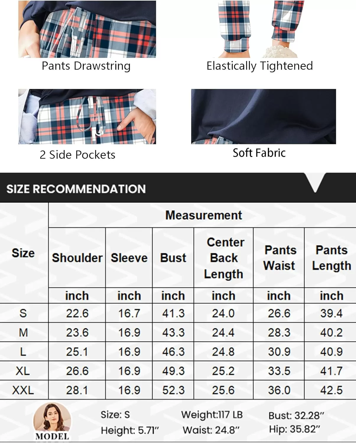 imageEkouaer Womens Pajamas Set Long Sleeve Christmas PJ Sets Soft Lounge Set for Women Sleepwear Joggers with PocketsNavy Plaid