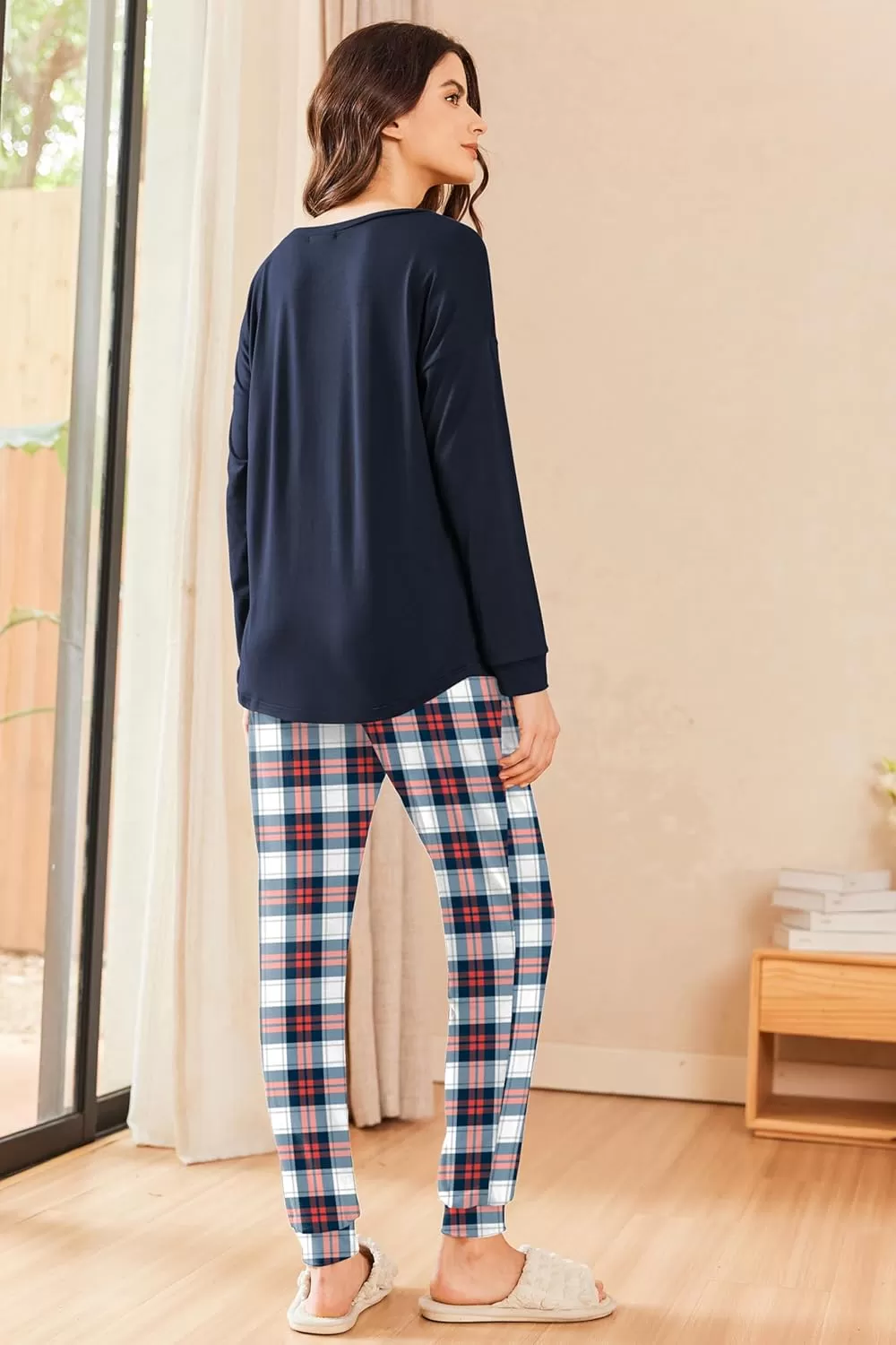 imageEkouaer Womens Pajamas Set Long Sleeve Christmas PJ Sets Soft Lounge Set for Women Sleepwear Joggers with PocketsNavy Plaid