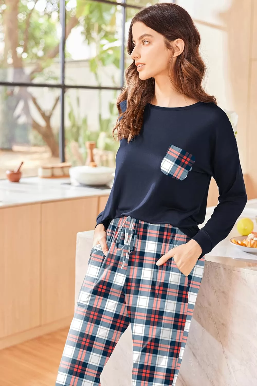 imageEkouaer Womens Pajamas Set Long Sleeve Christmas PJ Sets Soft Lounge Set for Women Sleepwear Joggers with PocketsNavy Plaid