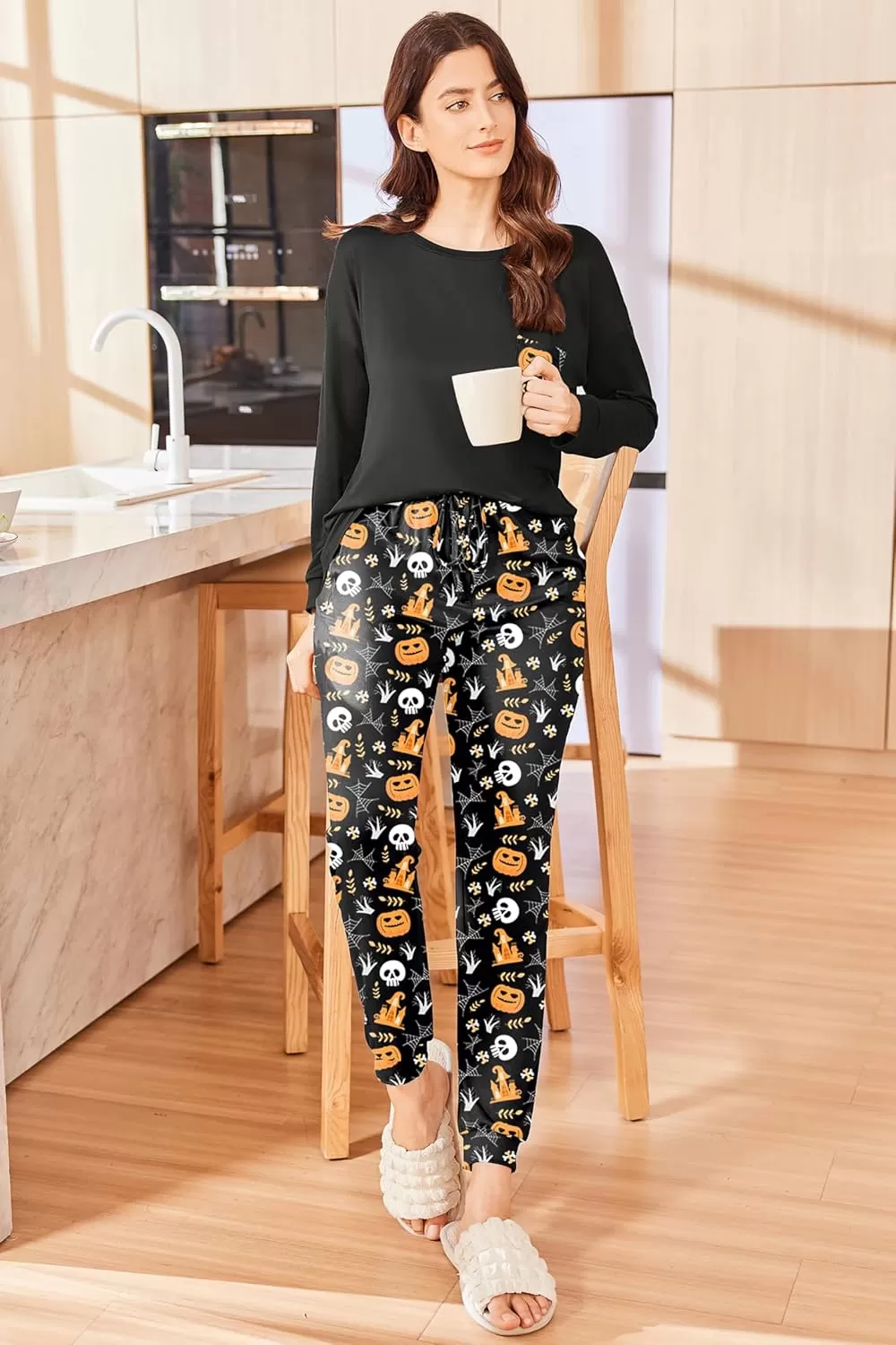 imageEkouaer Womens Pajamas Set Long Sleeve Christmas PJ Sets Soft Lounge Set for Women Sleepwear Joggers with PocketsOrange Pumpkin