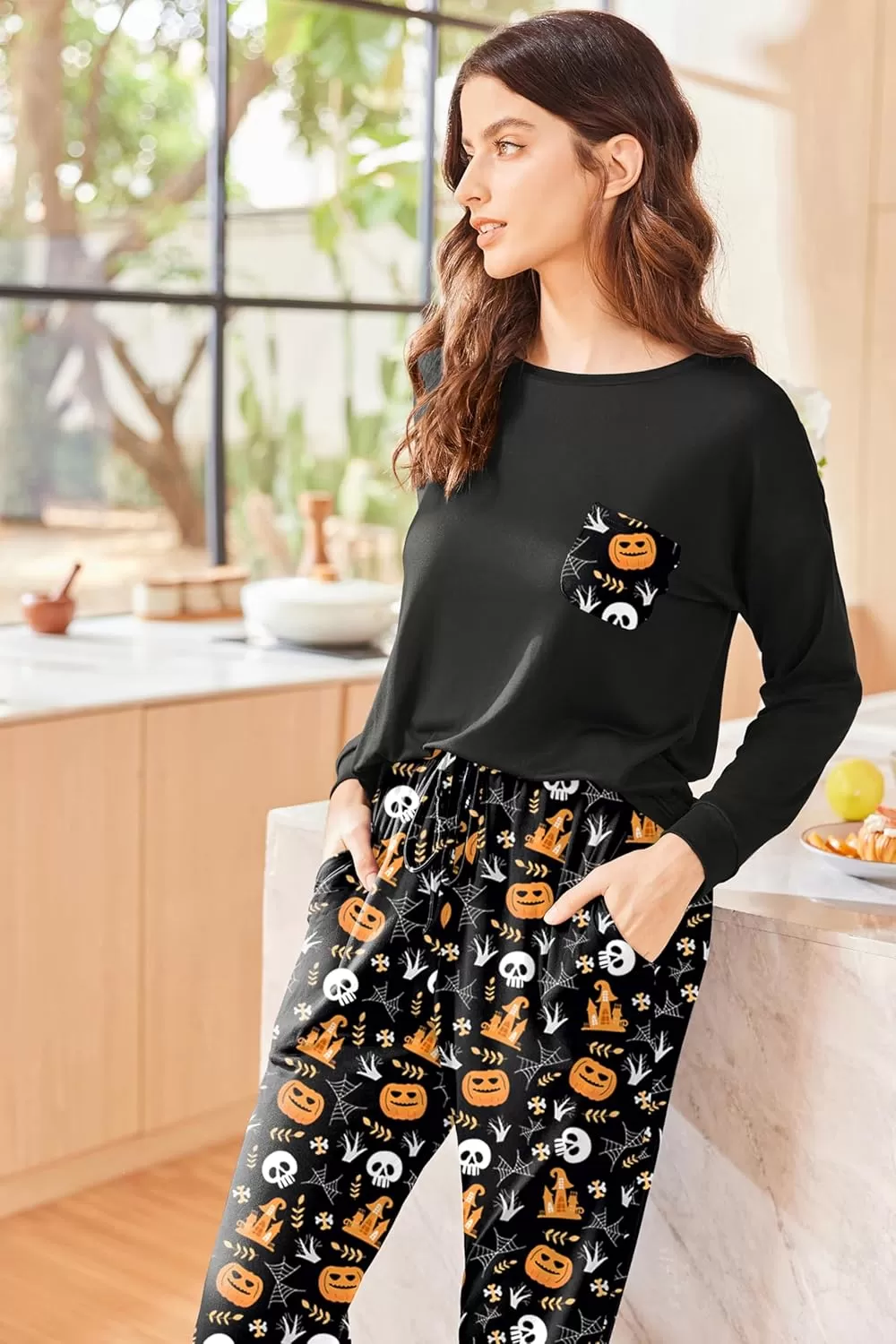 imageEkouaer Womens Pajamas Set Long Sleeve Christmas PJ Sets Soft Lounge Set for Women Sleepwear Joggers with PocketsOrange Pumpkin
