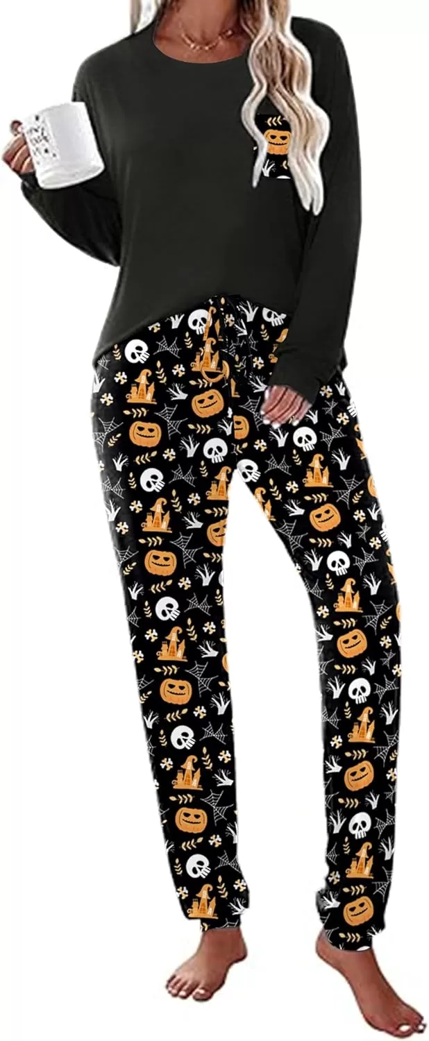 imageEkouaer Womens Pajamas Set Long Sleeve Christmas PJ Sets Soft Lounge Set for Women Sleepwear Joggers with PocketsOrange Pumpkin