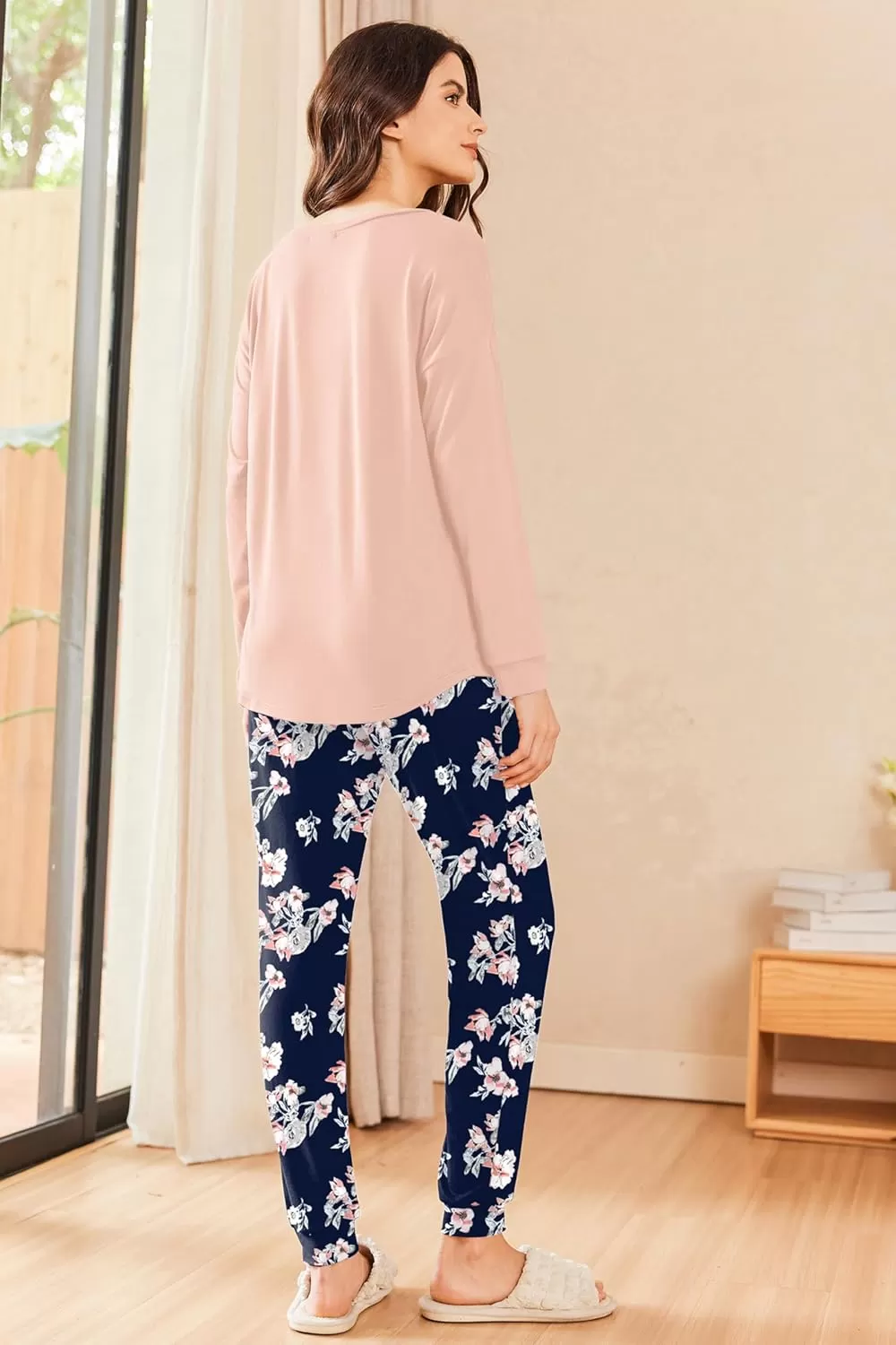 imageEkouaer Womens Pajamas Set Long Sleeve Christmas PJ Sets Soft Lounge Set for Women Sleepwear Joggers with PocketsPink Flowers