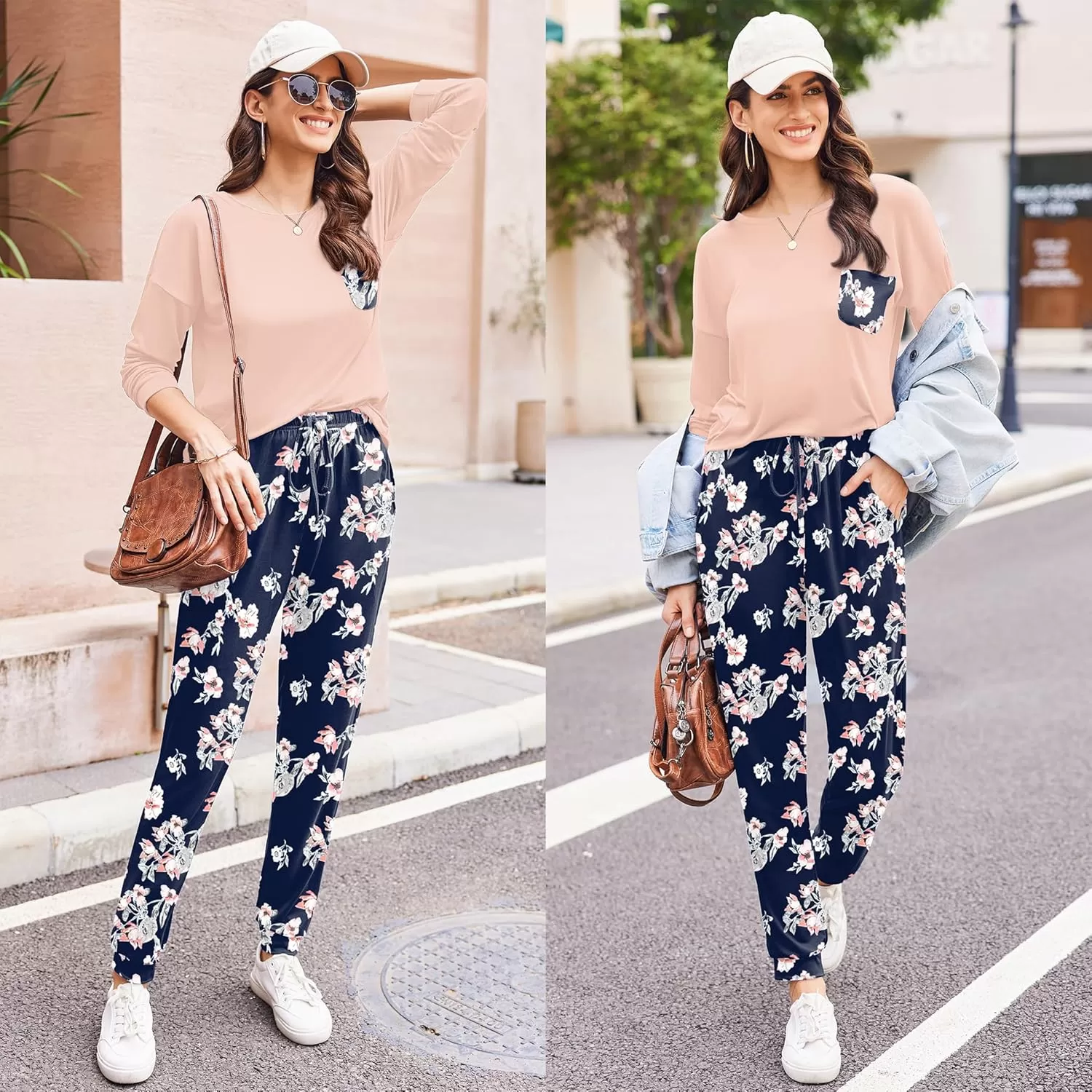 imageEkouaer Womens Pajamas Set Long Sleeve Christmas PJ Sets Soft Lounge Set for Women Sleepwear Joggers with PocketsPink Flowers