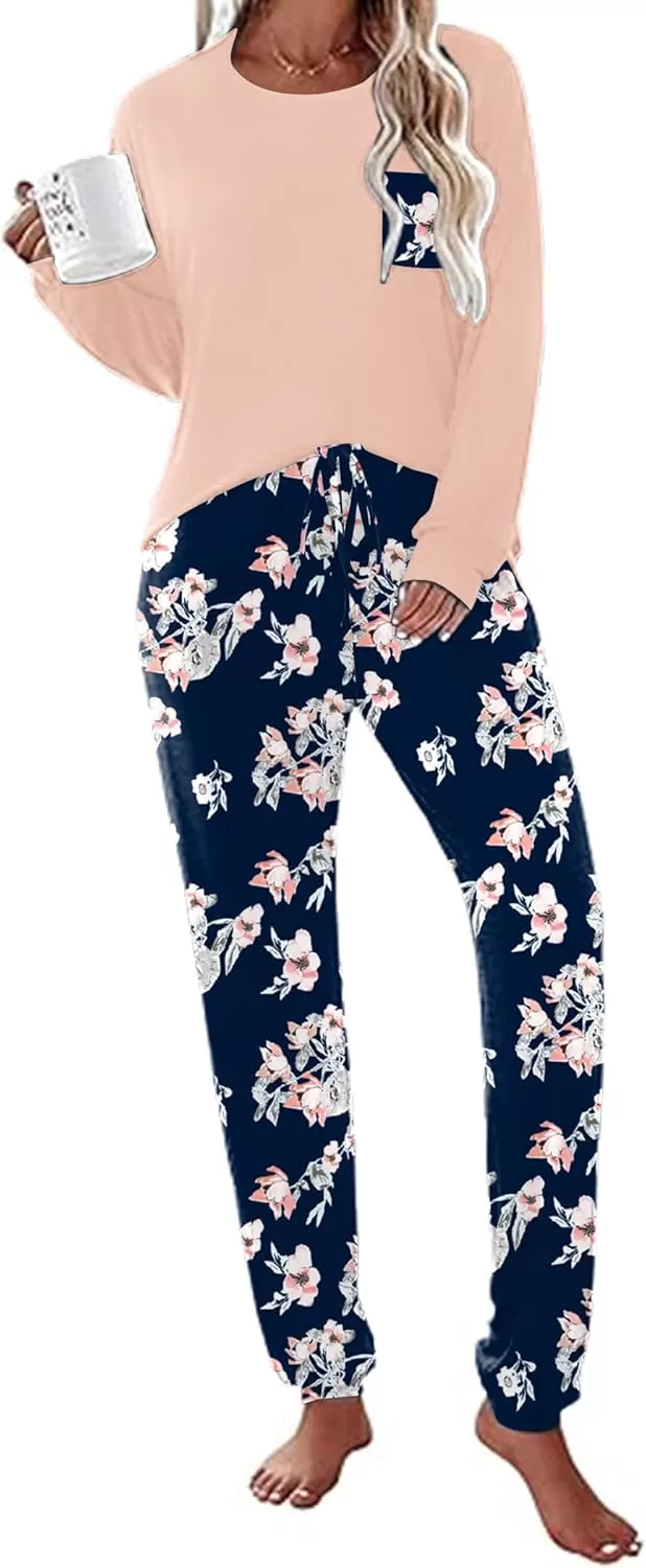 imageEkouaer Womens Pajamas Set Long Sleeve Christmas PJ Sets Soft Lounge Set for Women Sleepwear Joggers with PocketsPink Flowers