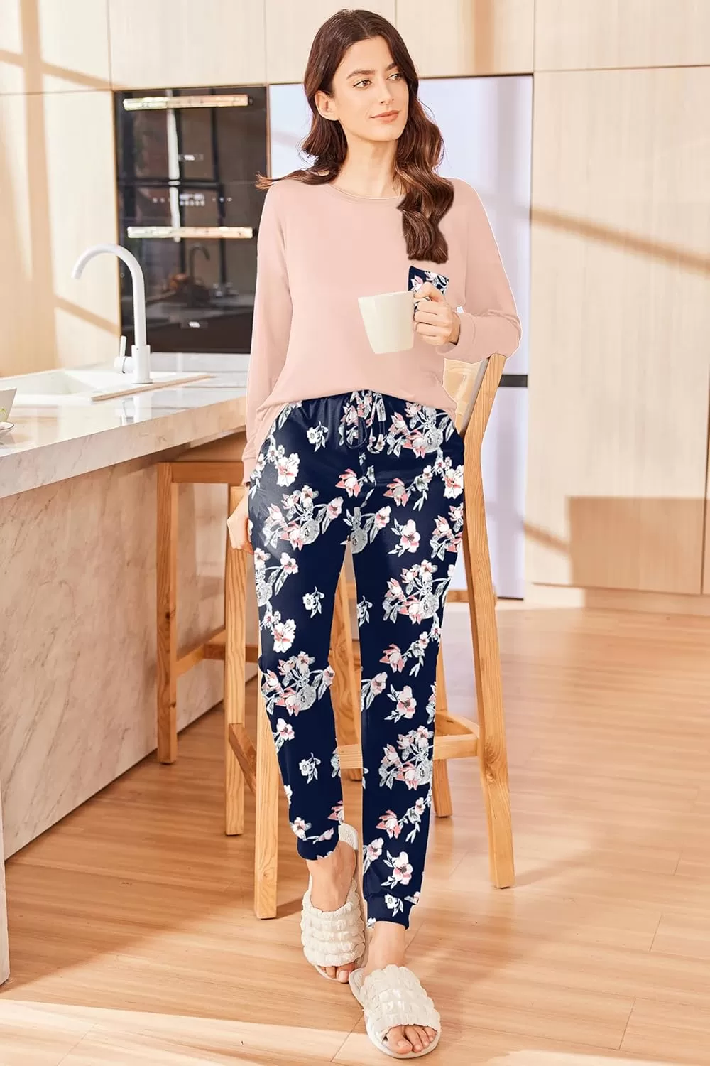 imageEkouaer Womens Pajamas Set Long Sleeve Christmas PJ Sets Soft Lounge Set for Women Sleepwear Joggers with PocketsPink Flowers