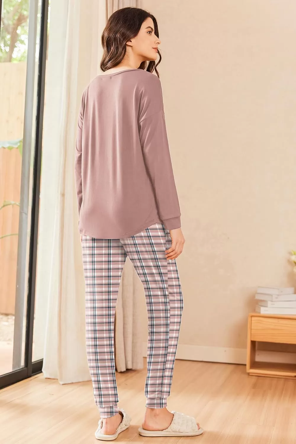 imageEkouaer Womens Pajamas Set Long Sleeve Christmas PJ Sets Soft Lounge Set for Women Sleepwear Joggers with PocketsPink Plaid