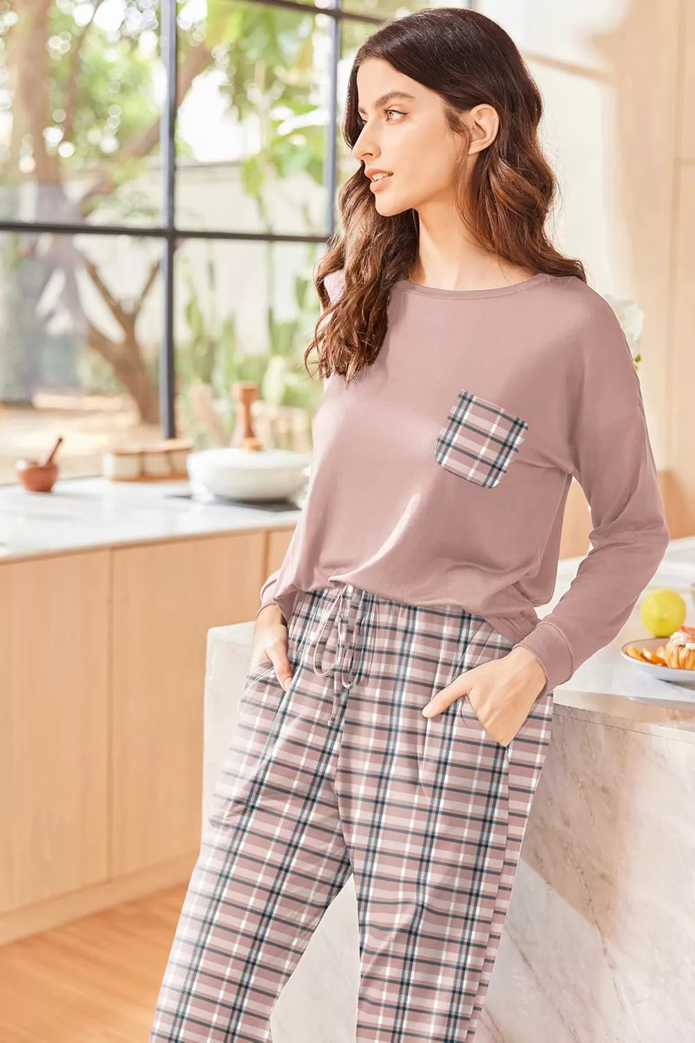 imageEkouaer Womens Pajamas Set Long Sleeve Christmas PJ Sets Soft Lounge Set for Women Sleepwear Joggers with PocketsPink Plaid