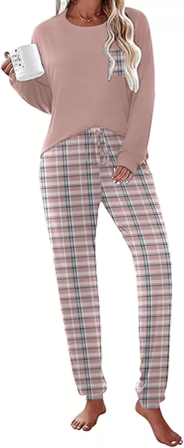 imageEkouaer Womens Pajamas Set Long Sleeve Christmas PJ Sets Soft Lounge Set for Women Sleepwear Joggers with PocketsPink Plaid