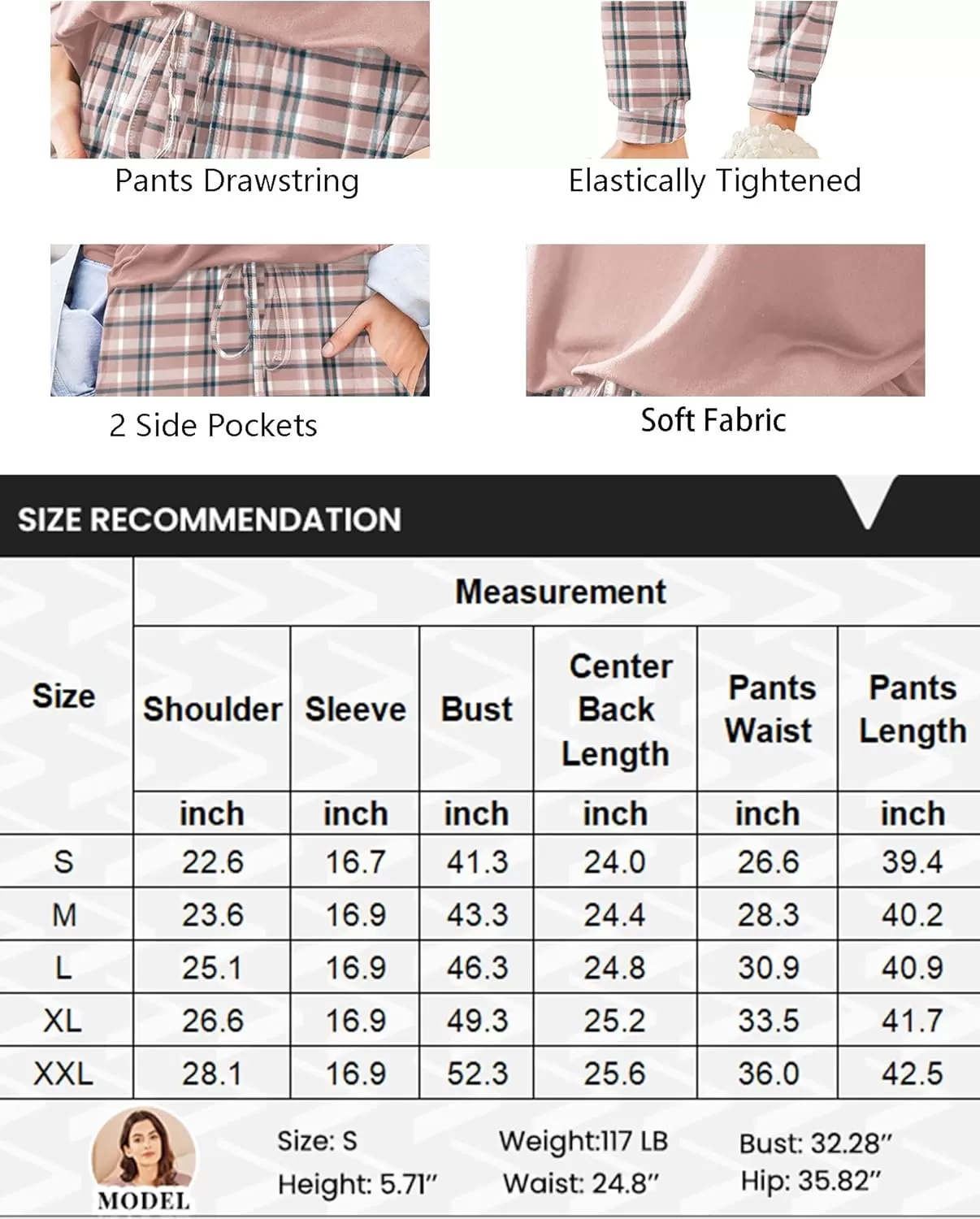 imageEkouaer Womens Pajamas Set Long Sleeve Christmas PJ Sets Soft Lounge Set for Women Sleepwear Joggers with PocketsPink Plaid