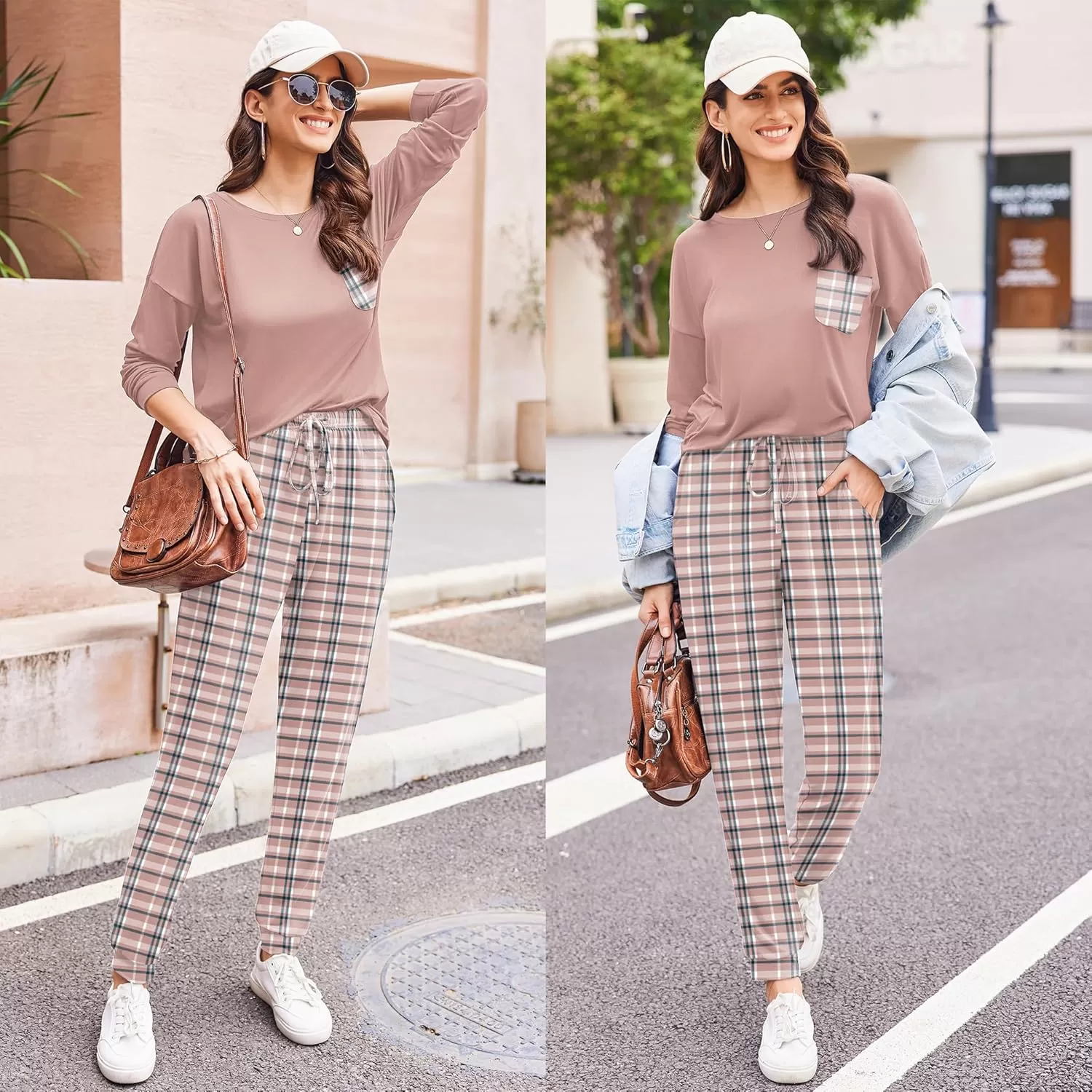 imageEkouaer Womens Pajamas Set Long Sleeve Christmas PJ Sets Soft Lounge Set for Women Sleepwear Joggers with PocketsPink Plaid