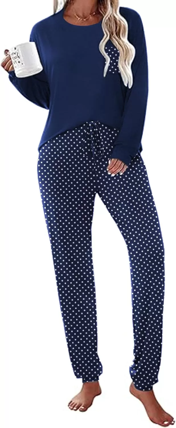 imageEkouaer Womens Pajamas Set Long Sleeve Christmas PJ Sets Soft Lounge Set for Women Sleepwear Joggers with PocketsPolka Dots