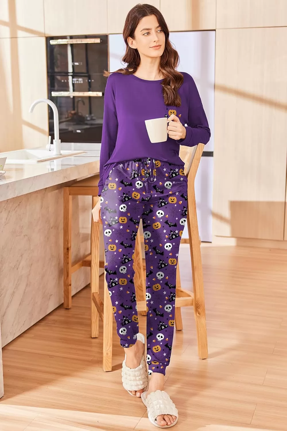 imageEkouaer Womens Pajamas Set Long Sleeve Christmas PJ Sets Soft Lounge Set for Women Sleepwear Joggers with PocketsPurple Pumpkin
