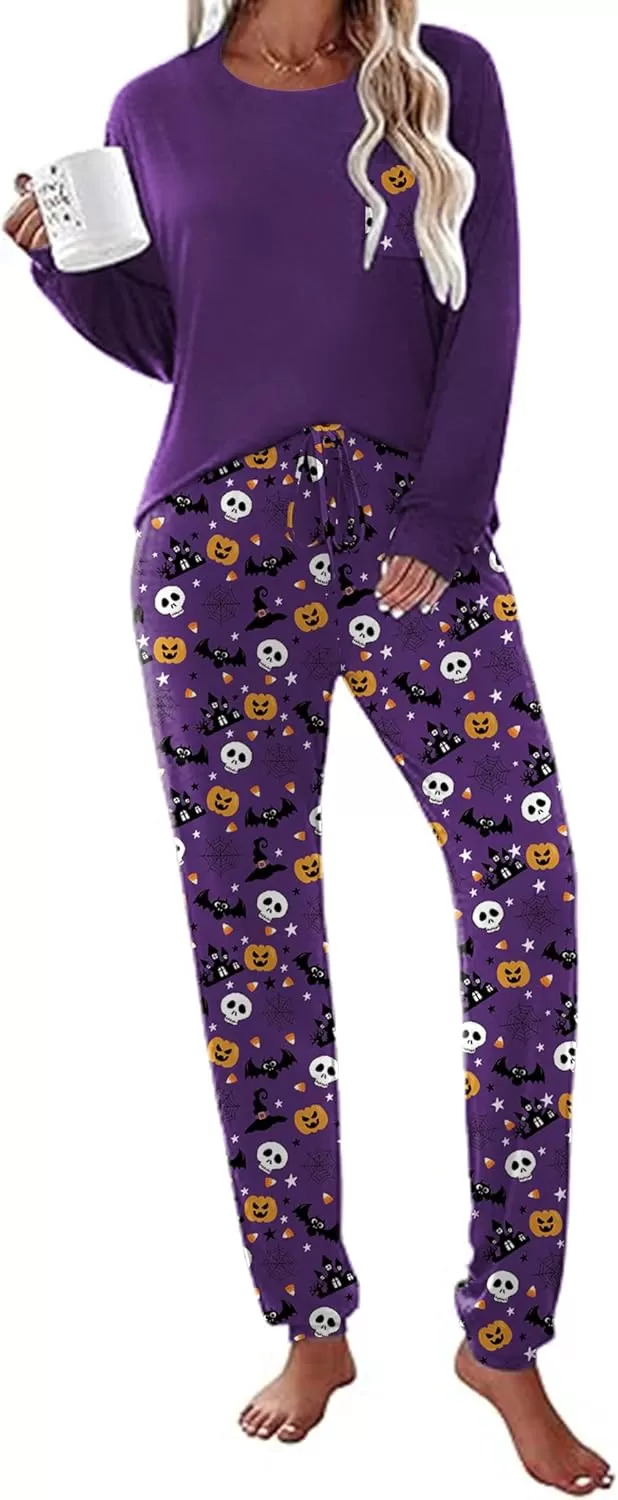 imageEkouaer Womens Pajamas Set Long Sleeve Christmas PJ Sets Soft Lounge Set for Women Sleepwear Joggers with PocketsPurple Pumpkin