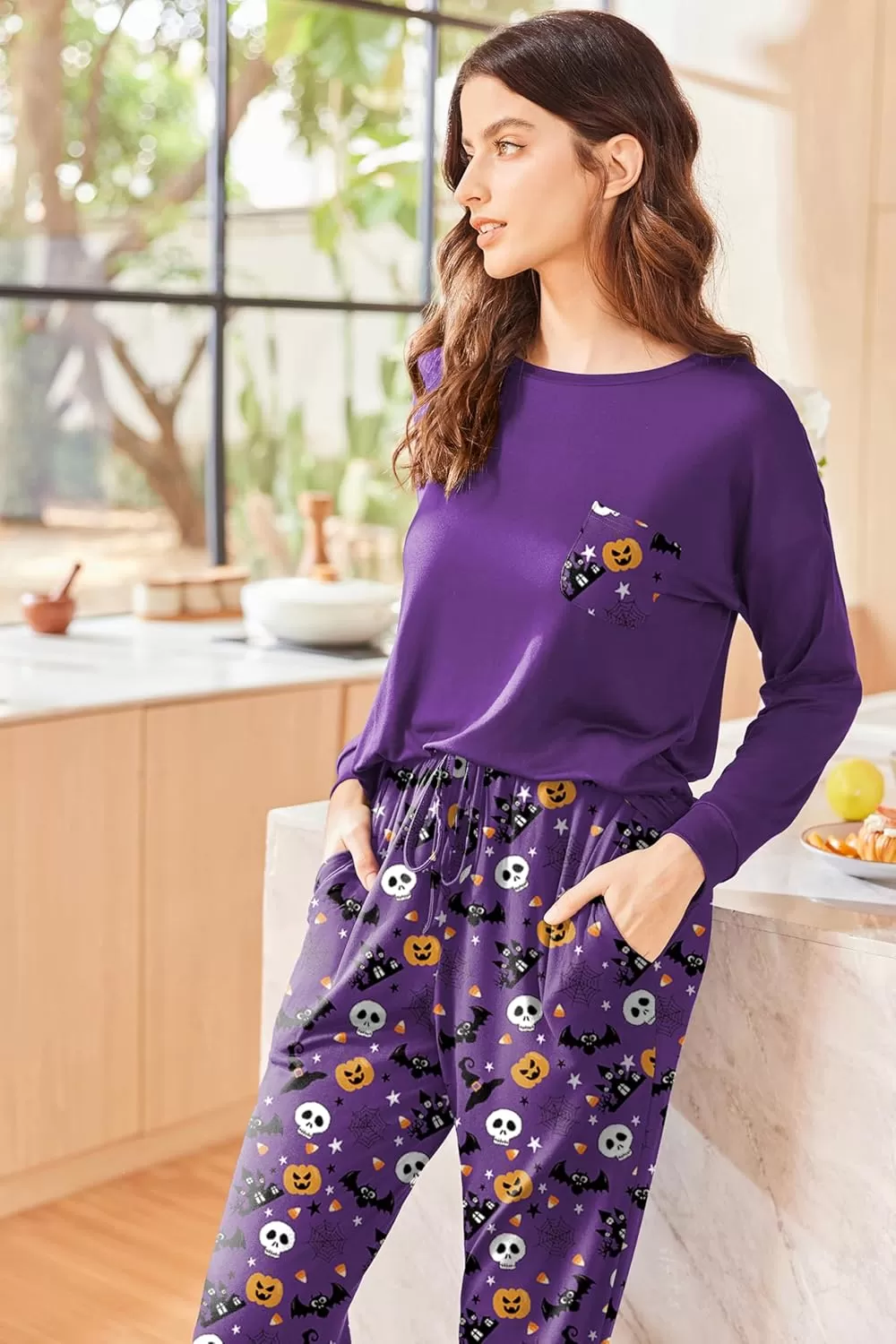 imageEkouaer Womens Pajamas Set Long Sleeve Christmas PJ Sets Soft Lounge Set for Women Sleepwear Joggers with PocketsPurple Pumpkin