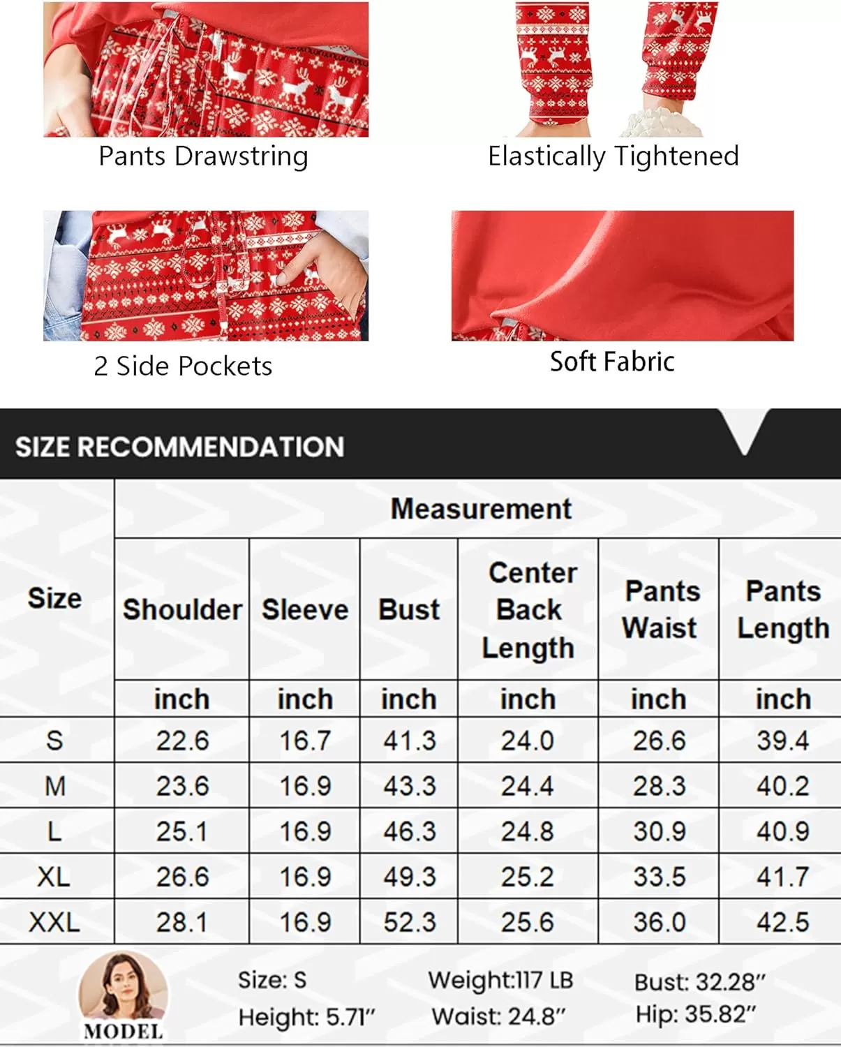 imageEkouaer Womens Pajamas Set Long Sleeve Christmas PJ Sets Soft Lounge Set for Women Sleepwear Joggers with PocketsRed Elk