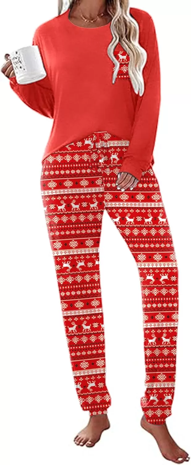 imageEkouaer Womens Pajamas Set Long Sleeve Christmas PJ Sets Soft Lounge Set for Women Sleepwear Joggers with PocketsRed Elk