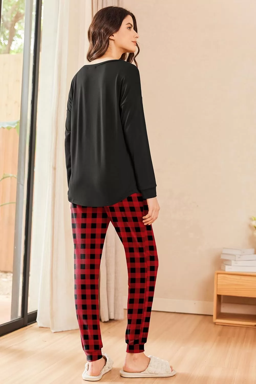 imageEkouaer Womens Pajamas Set Long Sleeve Christmas PJ Sets Soft Lounge Set for Women Sleepwear Joggers with PocketsRed Plaid