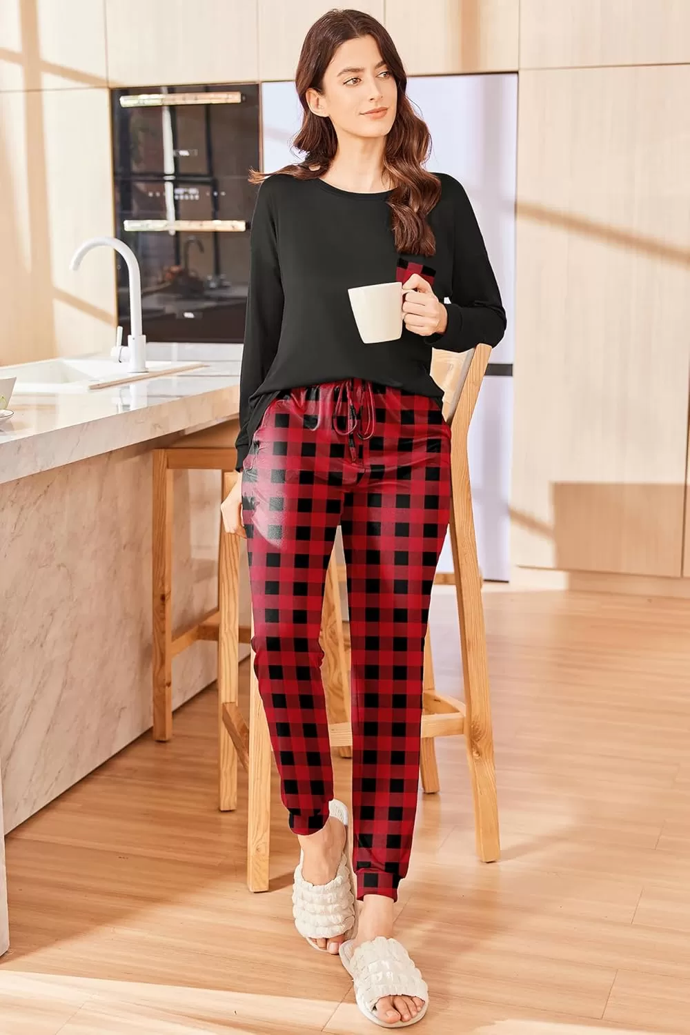 imageEkouaer Womens Pajamas Set Long Sleeve Christmas PJ Sets Soft Lounge Set for Women Sleepwear Joggers with PocketsRed Plaid