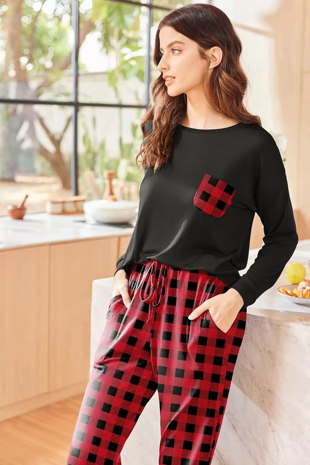 imageEkouaer Womens Pajamas Set Long Sleeve Christmas PJ Sets Soft Lounge Set for Women Sleepwear Joggers with PocketsRed Plaid