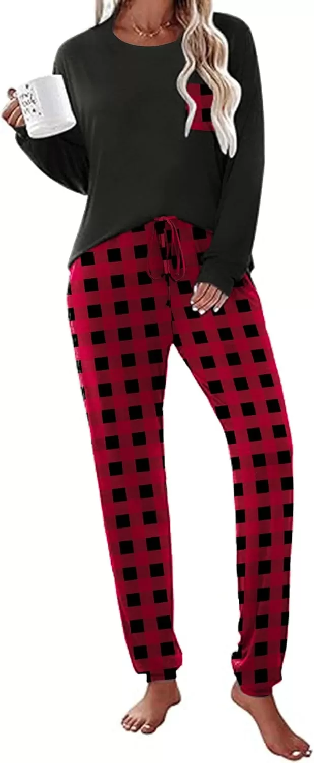 imageEkouaer Womens Pajamas Set Long Sleeve Christmas PJ Sets Soft Lounge Set for Women Sleepwear Joggers with PocketsRed Plaid