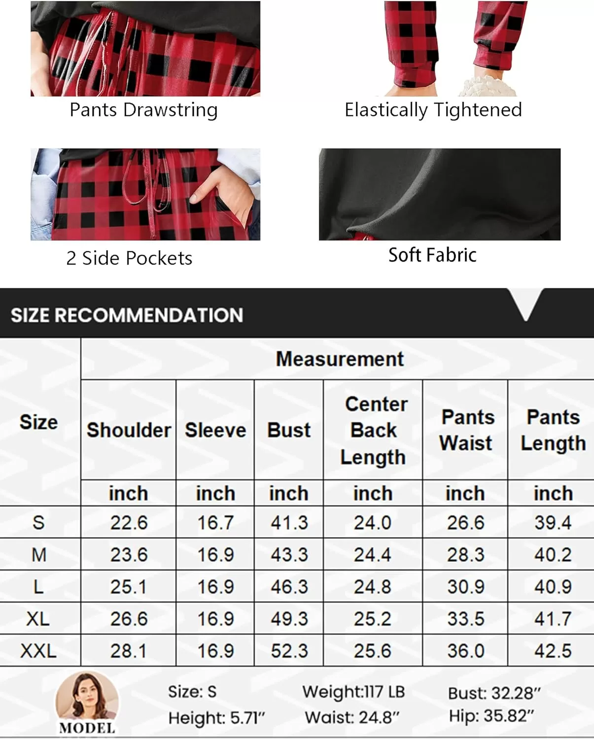 imageEkouaer Womens Pajamas Set Long Sleeve Christmas PJ Sets Soft Lounge Set for Women Sleepwear Joggers with PocketsRed Plaid