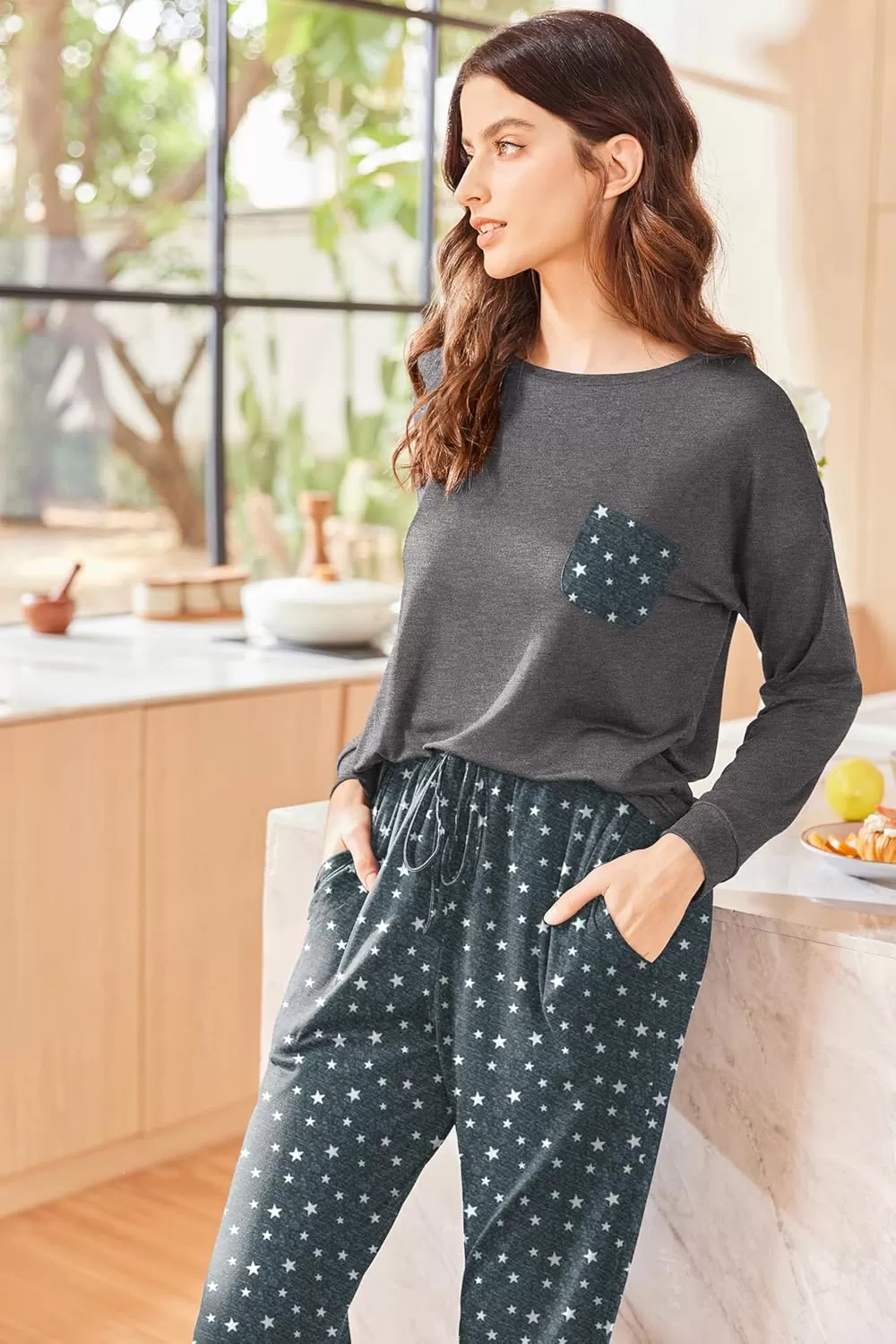 imageEkouaer Womens Pajamas Set Long Sleeve Christmas PJ Sets Soft Lounge Set for Women Sleepwear Joggers with PocketsStars