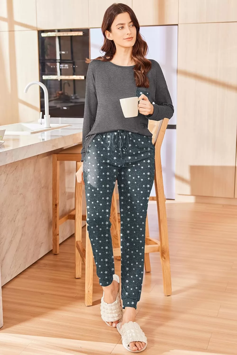 imageEkouaer Womens Pajamas Set Long Sleeve Christmas PJ Sets Soft Lounge Set for Women Sleepwear Joggers with PocketsStars