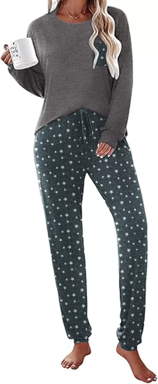 imageEkouaer Womens Pajamas Set Long Sleeve Christmas PJ Sets Soft Lounge Set for Women Sleepwear Joggers with PocketsStars