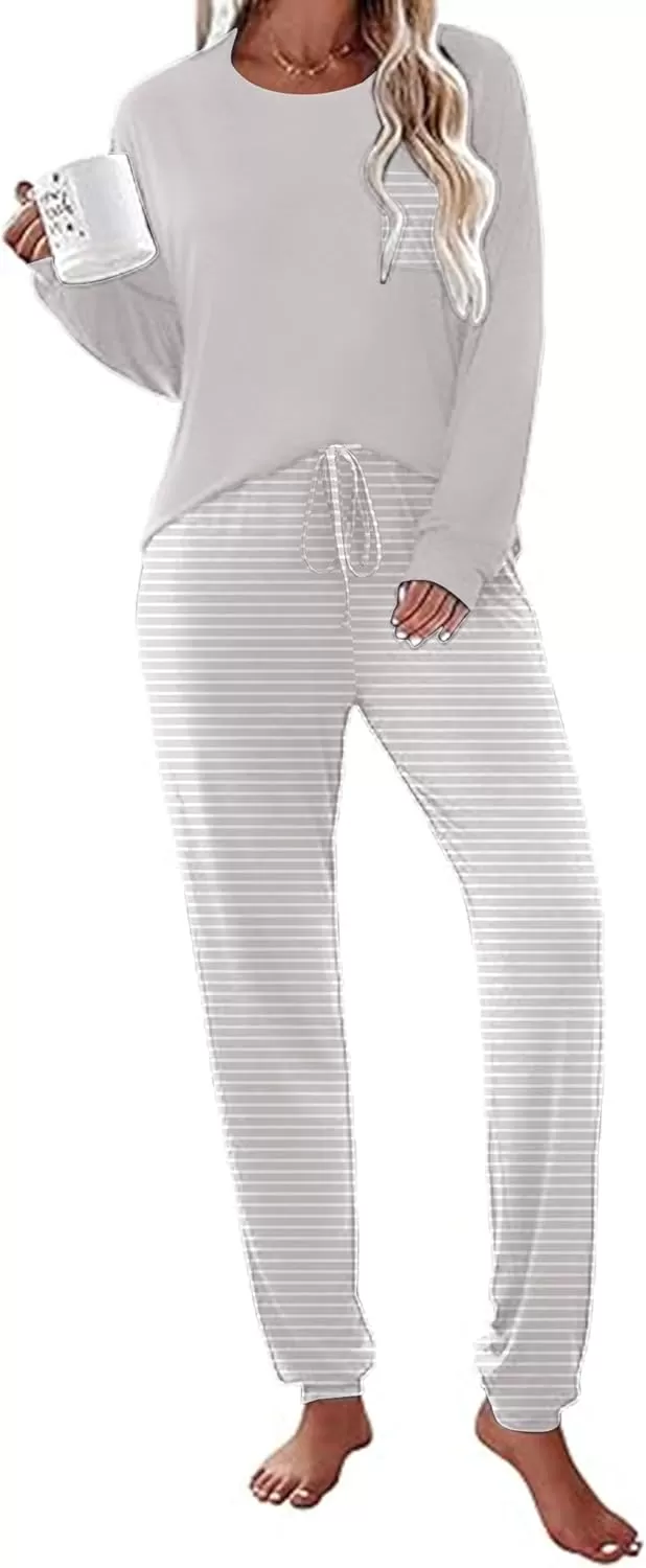 imageEkouaer Womens Pajamas Set Long Sleeve Christmas PJ Sets Soft Lounge Set for Women Sleepwear Joggers with PocketsStripe