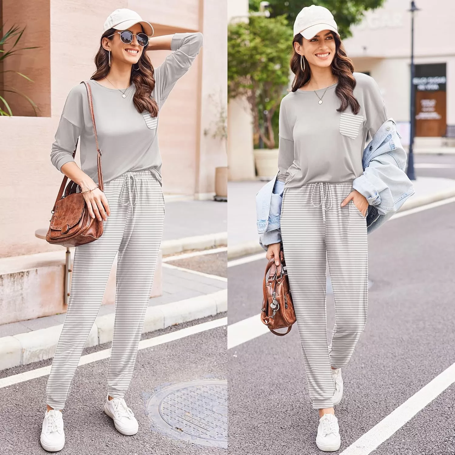 imageEkouaer Womens Pajamas Set Long Sleeve Christmas PJ Sets Soft Lounge Set for Women Sleepwear Joggers with PocketsStripe