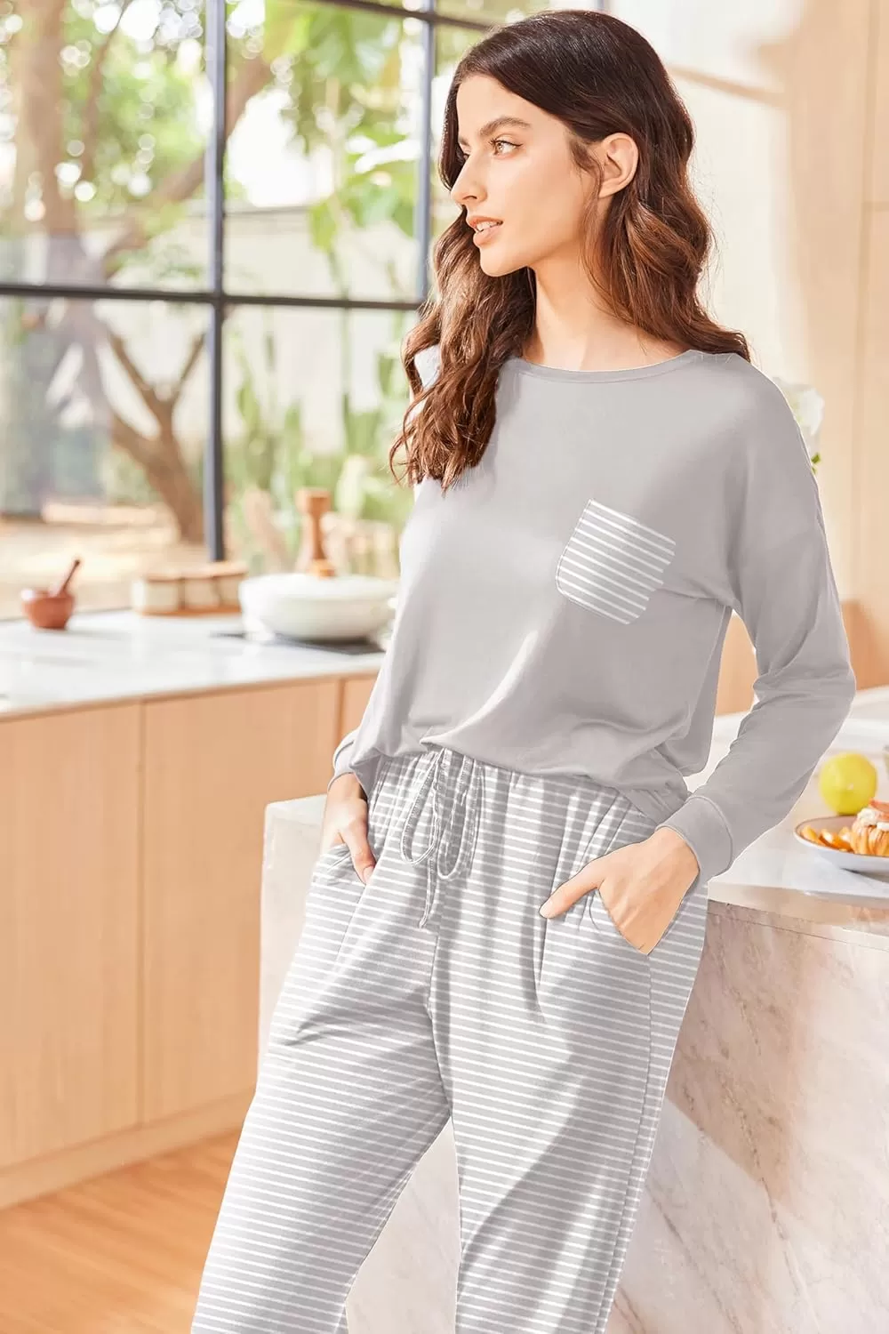 imageEkouaer Womens Pajamas Set Long Sleeve Christmas PJ Sets Soft Lounge Set for Women Sleepwear Joggers with PocketsStripe
