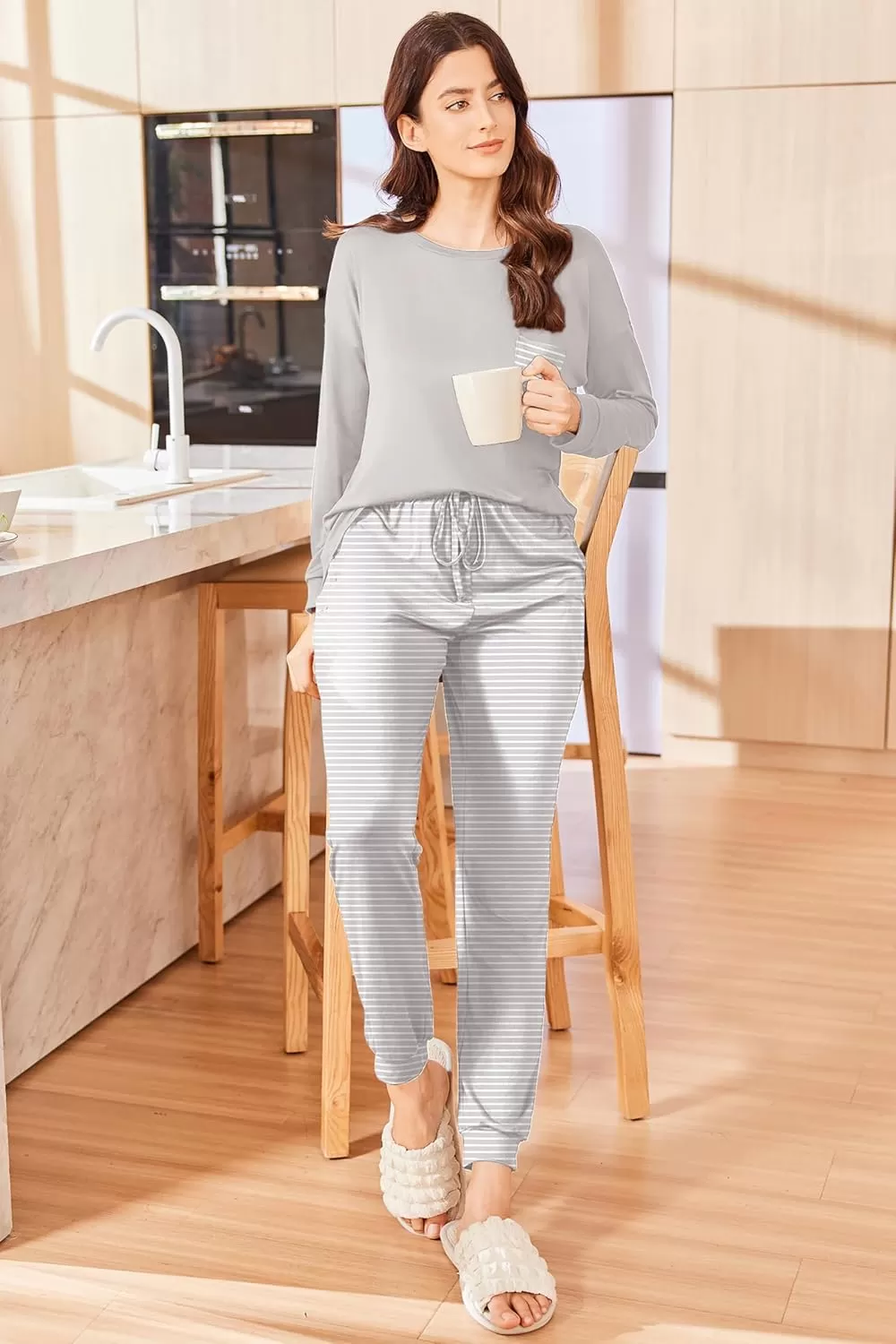 imageEkouaer Womens Pajamas Set Long Sleeve Christmas PJ Sets Soft Lounge Set for Women Sleepwear Joggers with PocketsStripe