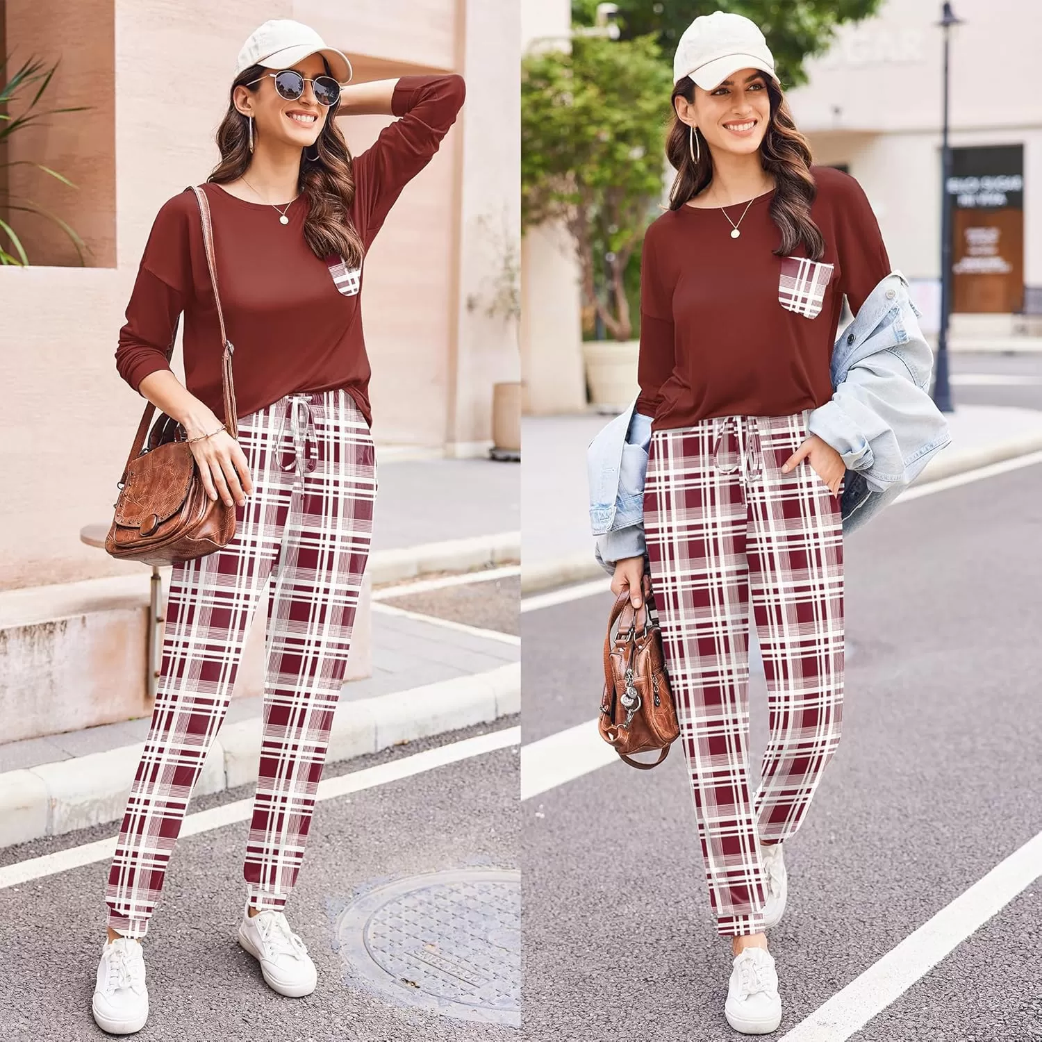 imageEkouaer Womens Pajamas Set Long Sleeve Christmas PJ Sets Soft Lounge Set for Women Sleepwear Joggers with PocketsWine Red Plaid