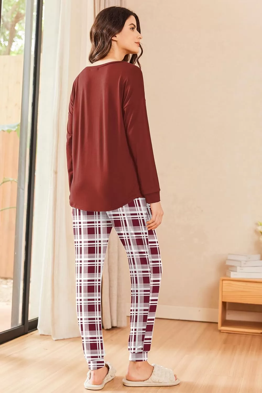 imageEkouaer Womens Pajamas Set Long Sleeve Christmas PJ Sets Soft Lounge Set for Women Sleepwear Joggers with PocketsWine Red Plaid