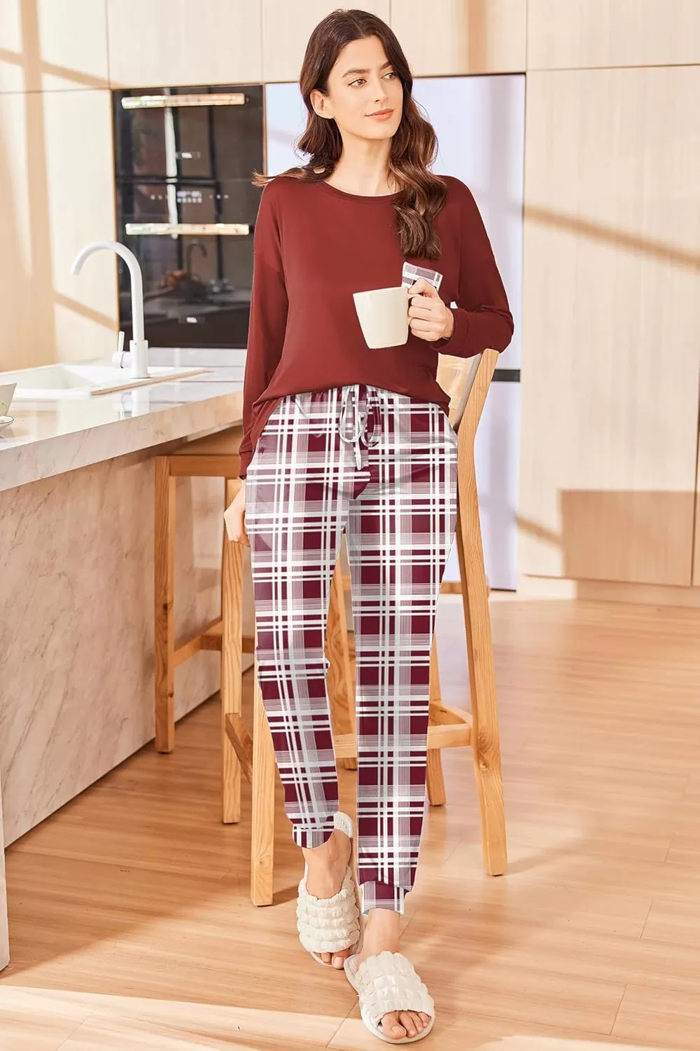 imageEkouaer Womens Pajamas Set Long Sleeve Christmas PJ Sets Soft Lounge Set for Women Sleepwear Joggers with PocketsWine Red Plaid