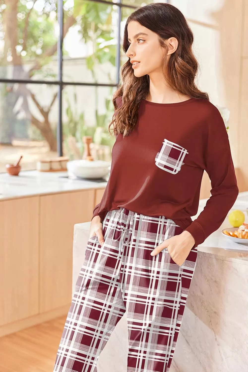 imageEkouaer Womens Pajamas Set Long Sleeve Christmas PJ Sets Soft Lounge Set for Women Sleepwear Joggers with PocketsWine Red Plaid