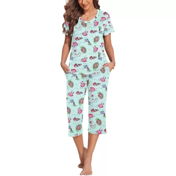 imageEkouaer 2 Pack Womens Sleepwear Capri Pajama Sets Short Sleeve TwoPiece Pjs V Neck Tops ampamp Capri Pants with Pockets S3XLAnimalsorange Wave