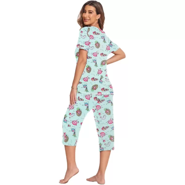 imageEkouaer 2 Pack Womens Sleepwear Capri Pajama Sets Short Sleeve TwoPiece Pjs V Neck Tops ampamp Capri Pants with Pockets S3XLAnimalsorange Wave