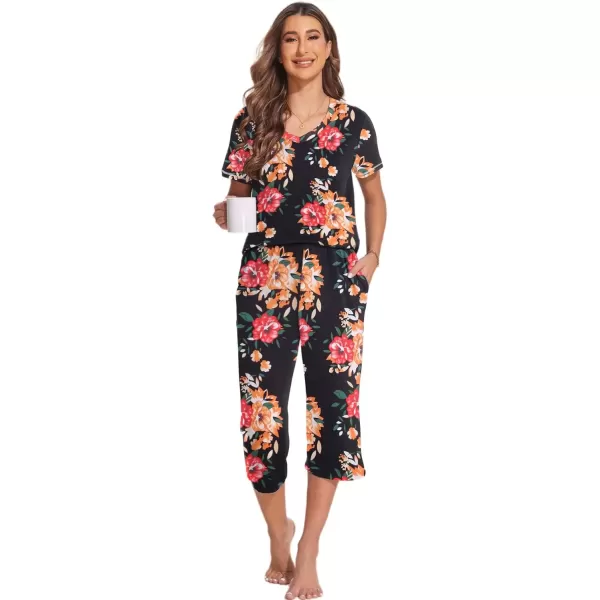 imageEkouaer 2 Pack Womens Sleepwear Capri Pajama Sets Short Sleeve TwoPiece Pjs V Neck Tops ampamp Capri Pants with Pockets S3XLBlack Flowerblack