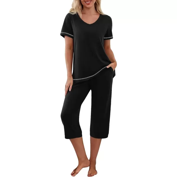 imageEkouaer 2 Pack Womens Sleepwear Capri Pajama Sets Short Sleeve TwoPiece Pjs V Neck Tops ampamp Capri Pants with Pockets S3XLBlack Flowerblack